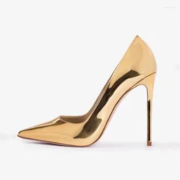 Vestido sapatos de vestido laser dourado iridescente Bombas de salto de couro metálico 12 cm 10cm 8cm pontapé de ponta do dedo do pé sobre mulheres de banquete raso 15