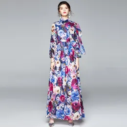 Leidenschaftliche Pariser Feiertagsstil Langes Kleid Frühling und Herbstrock runden Hals Langarm 2022 Chiffon gedrucktes Kleid 210519