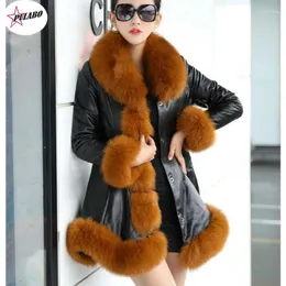 Women's Fur PULABO Thick Winter Coat Leather Jacket Female Jaqueta De Couro Feminina Faux Collar PU Jackets S-6XL