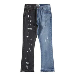 NS 2021 Stylish Color Block Patchwork Loch Ripped Männer Flare Jeans Hosen Hip Hop Vintage Wäsche Baggy Denim Hosen Pantaloni Uomo J240507