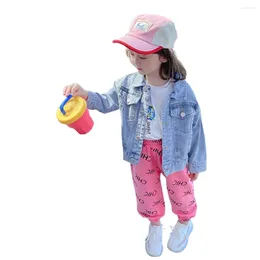 Jackor Girls Denim Coat Spring and Autumn Children's 3-8 år gammal ler långärmad barnjacka