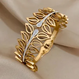 alyes hollow leav wide detlic steel bracelet for women strendy chunky metal 18 k gold barcles barcelets Homelets Jewelry Gifts 240423