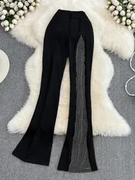 Women's Pants Mesh Spliced Black For Women Summer 2024 High Waisted Slim Chic Flare Fashion Elastic Casual Trousers E168