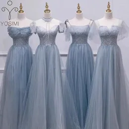 Party Dresses Yosimi-Gray Mesh Dress Embroidery Women Bridesmaid A-Line Long Vestido snedstreck från axeln elegant