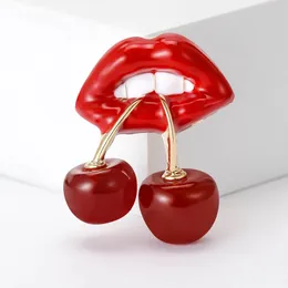 Creative Enamel Red Lips Cherry Brooches for Women Unisex Personalised Pins Casual Party Accessories Gifts 240507