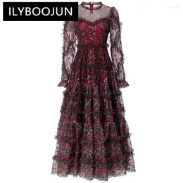 Casual Dresses ILYBOOJUN Fashion Designer Autumn Mesh Dress Women O-Neck Lantern Sleeve Ruffles Flower Print Vintage Party Long