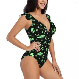 Women's Swimwear Sexy One Piece Swimsuit 2024 Women Green Alien UFO Moon Ruffled Monokini Female Bodysuit Girl Beach Bathing Suit