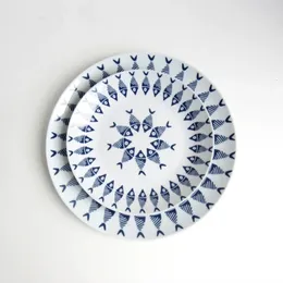 Round Square Creative Blue Fish Decorative Ceramic Plate Set Steak Pasta Salad Serving Kitchen Tableware 240506