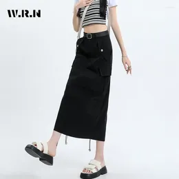 التنانير 2024 Autumn Street Street Solid Color Mobicts Design Mid Long Women Casual Carual All-Match Simple A-Line Skirt