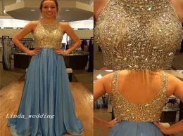 2019 Schönes blaues Prom -Kleid Luxus Eine Linie Chiffon Rückenless Perlen Crystal