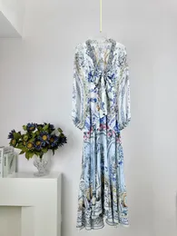 デザイナーデザイン新しい春/夏のシルクプリントラップネクタイロングドレス