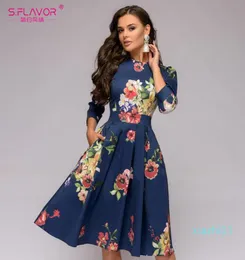 Sflavor Vintage Women Floral Printed Navy Aline Dress Elegant Oneck 34 Sleeve Slim Party Vestidos Spring Summer Casua4234970