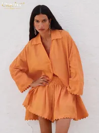 Clacive Casual Loak Orange Cotton 2 Piece Sette Atten 2024 Модная рубашка с длинным рукавом с высокой талией шорты 240507