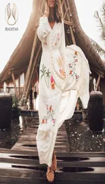 Peachtan Manga longa sarongue caftan flamingo bordando encobrimentos de túnica longa Women039s Dress de praia Bikinis de roupas de praia 20197844564
