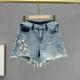 Kvinnors jeans rippade denim Shorts Kvinnor Pants 2024 Summer High midja Slimming Crystal Studded paljetter breda benstudenter
