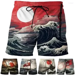 Shorts masculinos Sunrise Ocean Wave Pintura de tinta japonesa calças curtas 3D impressão havaiana 2024 ginástica tronco de ginástica legal gelo