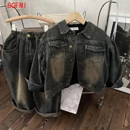 Roupas Conjuntos de 2 a 10 anos de moda infantil primavera e outono 2024 meninos garotos retro casaco fosco coreano jeans solto de duas peças definidas