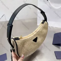 2024 Woven Underarm Bag Straw Handbags Lafite Grass Half Month Bags Women Clutch Handbag Leather Handle Zipper Closure Fashion Letter 2401