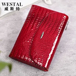 Westal äkta läder kvinnor plånbok patent läder kvinnor mode handväska toppskikt kohud krokodilmönster noll plånbok