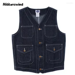 Men's Vests Spring Autumn Denim Vest Men American Casual Wear Striped Sleeveless Jacket Multi-pockets Cotton Waistcoat For Women