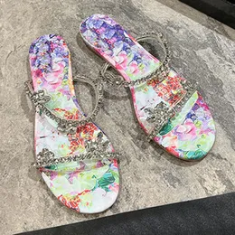 Designer Slides Flat Slippers Women Crystal Mule Luxury Floral Print Sandaler Calfskin Slipper PVC Slend Rems Multicolor Summer Party Dress Slide Room Shoes