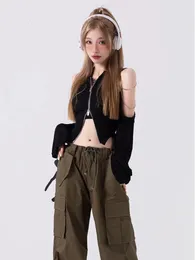 Deeptown Y2K Kpop Black Crop Tops Women Корейская модная уличная одежда молнии на рубашках с плеч