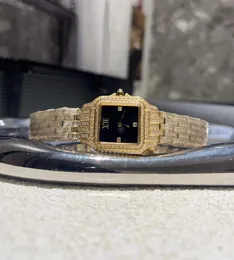 22mm 27mm光沢のあるジルコンクォーツスクエアパンサー女性レディステンレススチールCZダイヤモンド腕時計サファイアローマナンバーパンツー時計動物時計