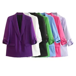 Produto de primavera feminino Retro versátil colar versátil com mangas rollup color de cor de cor de cor sólida casaco 240507