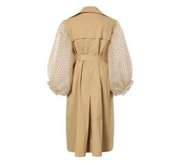 GETSRING Women Trench Coat Khaki Cotton Windbreakers Lantern Sleeve Spliced Double Breasted Coat Lace Up Slim Long Overcoat8925070