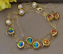 Pendant Necklaces Z13110 54'' 15mm Gold-Plated Round Red Yellow Murano Glass White Pearl Chain Necklace