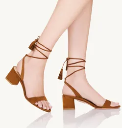 Italy Summer Women Aquazzura Alu Sandals Shoes Tassel-trimmed Ties Block Heels Suede Leather Party Wedding Lady Gladiator Sandalias EU35-43