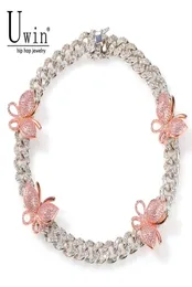 Uwin 12mm kubansk rosa fjärilshalsband Rose Gold Chain CZ Halsband bling bling hiphop smycken för män kvinnor gåva2653520