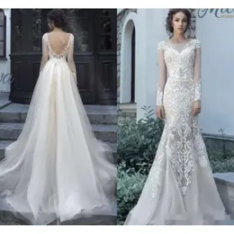 Yüksek kaliteli Mia Aplike Dantel Şık Deniz Kızı Illusion Gelin Gowns Uzun Kollu Sırtsız Mütevazı Gelinlik