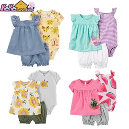 Summer Baby Girls Ubrania Ubrania bawełniane moda mody niemowlęta krótkie rękawowe body szorty 3PCS Ubranie dla dzieci 624 miesiące 240507