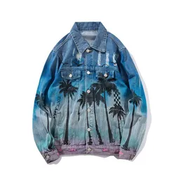 Palm Coconut Tree Printing 2018 Denim Bomber Jacket Men039s Jeans Jacket High Street Loose Hip Hop Hole Jaqueta Masculina5946661
