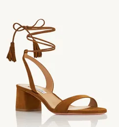 cool Italy Summer Women Aquazzura Alu Sandals Shoes Tassel-trimmed Ties Block Heels Suede Leather Party Wedding Lady Gladiator Sandalias EU35-43