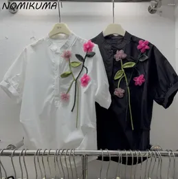 Kvinnors blusar nomikuma 2024 Spring Summer Chic Kroean Flower Women Shirts Causal Stand Neck Pullover Tops Fashion Camisas Mujer