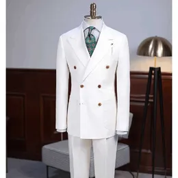 Erkek Suit Blazers Yüksek Kaliteli Keten Erkek Giyim Qifeng Lapel Çift Göğüs Ultra-İnce Uygun Akıllı Eğlence Damat Düğün Akşam Elbise Ceket Q240507