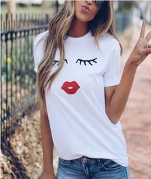 Güzel ve sevimli göz kirpikleri kırmızı dudaklar basılı kadınlar tişört yaz gündelik kısa kol o boyun tshirt bayanlar beyaz tshirt tops6913426