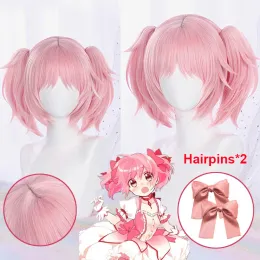 Slippers Anime Puella Magi Madoka Magica Cosplay Madoka Kaname Cosplay Wigs Pink 30cm Short Clip Ponytails Heat Resistant Wigs + Wig Cap