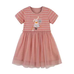 Girl's Dresses Jumping Meters Girls Party Dress Tutu Animal Application Fashion Stripe Preschool Summer Short sleeved Childrens Frog Clothing BabyL2405