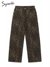 Syiwidii Leopard Stampa jeans larghi per donne retrò pantaloni in denim largo con vita alta y2k hip hop streetwear oversize 240423