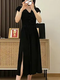 Casual Dresses Sweet Elegant Lady Woman Ress Simple Basic Black Chiffon V-ringning Kvinnlig Chily Summer Solid Color Slim Women Dress