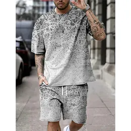 여름 패션 레트로 프린트 남성 Tshirt 세트 Oneck Shortsleeved Top and Shorts Everyday Street Casual Wear for Men 240426