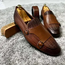 Loafers bruna svart pu andningsbara dubbla spänne munkmokassiner cuir häll hommes män skor