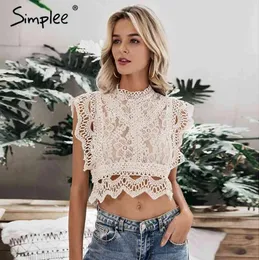 Simplee Elegant lace mesh embroidery women tank tops Hollow out summer party cami tops Sexy ruffled streetwear female tops 2104146122582
