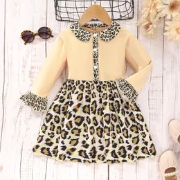 Girl Dresses 2024 Autumn Winter Children's Girls Long Sleeve Polo Button Leopard Pattern Contrast Dress Casual Cotton Comfortable Skirt