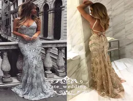 2018 Sparkly Silver Gray Mermaid Evening Dresses V Neck Criss Cross Back Champagne Gold Prom Dresses Sexy Backless Formal Gowns7286196