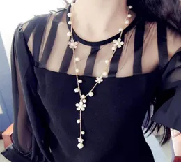 OneckOha Fashion Jewelry Necklace Simulated Pearl Pendant Expoyed Flower Chain Long Necklace Black And White Color2115734