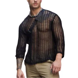 Herr t-shirts stickade mesh topp män transparent sexig se genom långärmad tee streetwear herrkläder fisknät muskel underbruket